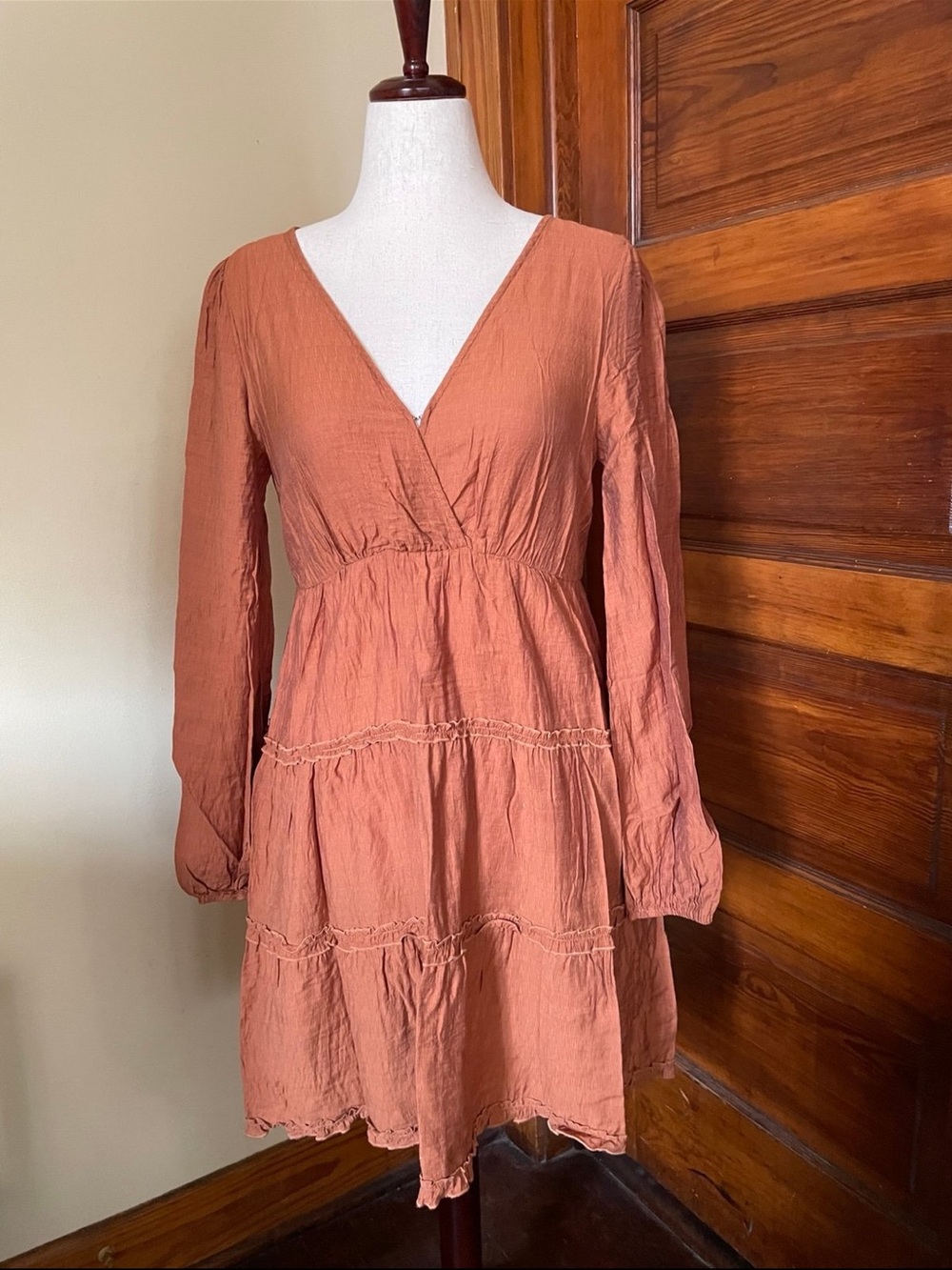 V-Neck Tiered Long Sleeve Dress in Rust